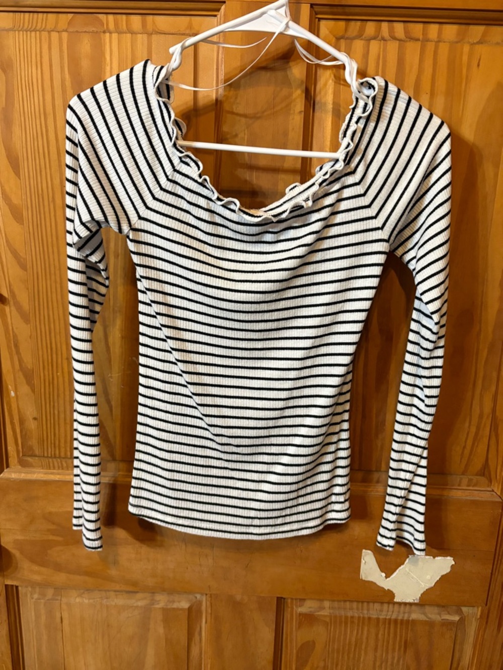 Aeropostale White and Black Striped Ruffle Neck Long-Sleeve Top